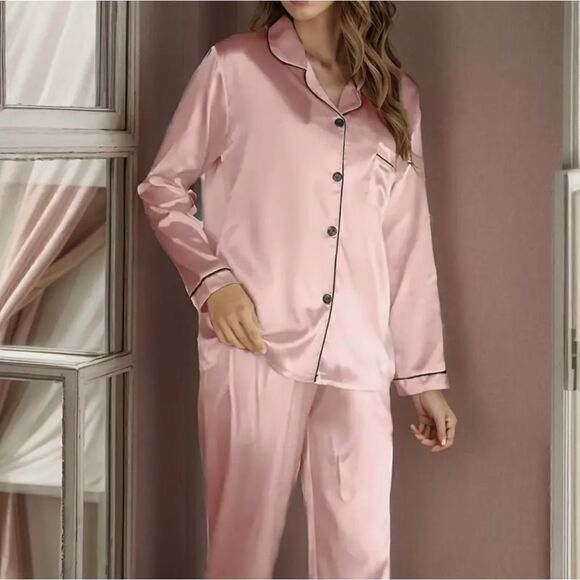 Satin Pink Pajama Set Classic Button Down Loungewear Long Sleeve Sleepwear Large - Picture 1 of 13